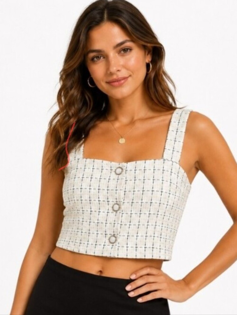 Calypso White Textured Tweed Woven Grid Chic Cropped Halter Top Sz Lg